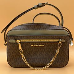 【美品】MICHAEL KORS マイケルコース ショルダーバッグ//MK シグネチャー 総柄/斜め掛け 肩掛け 鞄 財布/ブラウン系 グリーン系/PVCレザー 合成皮革 合皮/品番:35S1GTTC9B/ 服飾 (75-2025-0605-KO-007)