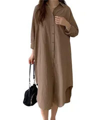 [グリーンパキラ] ロングシャツレディース長袖 シャツワンピース レディース 秋 春 トップス シャツ ブラウス 羽織り ロング 大きいサイズ 襟付き 前開き コットンワンピース 綿100% 重ね着 着回し カジュアル (JP, アルファベット, S, 標準 