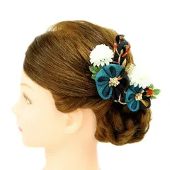 髪飾り 成人式 つまみ細工 振袖 前撮り 袴 花 2点セット 水色 黒 ちりめん 組紐 和柄 かんざし かわいい 粋 日本製 小さい お No.9-2976