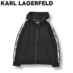 【巨匠】 カールラガーフェルド KARL LAGERFELD サイドテープ ロゴ プリント ストレッチ ジップ パーカー スウェット トレーナー フーディー M ブラック デザイナーズ モード ストリート メンズ
