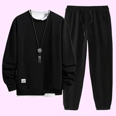 Size:L,XL,2XL,4XL_Color:9153-ブラック [Bligo] 秋服 ジャージ メンズ 上下セット 大きいサイズ tシャツ 長袖 上下セットアップ 重ね着風 配色切替 無地 ゆったり スウェット 上下 軽い カジュアル 人気 おしゃれ