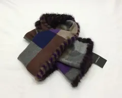 マフラー/美品/未使用品/茶×青×グレー×ベージュ/LUNDI BLUE/ウール/ミンク/ストール/防寒/おしゃれ【ゆずりは】7630