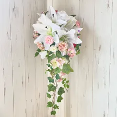 カサブランカと野薔薇のキャスケードブーケ　ブートニアセット　アーティフィシャルフラワー　造花