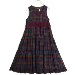 ピンクハウス★お花のモチーフ付き♪ノースリーブワンピース オレンジ×紫系 ベロアリボン付き♪チェック柄 ウール混 z15379