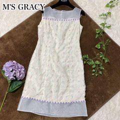 【M'S GRACY】 ノースリーブ ミモレ丈 ワンピース 白 ウエストリボン M'S GRACY ワンピース 総レース バックリボン 40 大きいサイズ 白