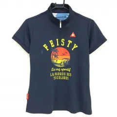 ルコックゴルフ 半袖ハイネックシャツ ネイビー×イエロー 夕景プリント ハーフジップ レディース L ゴルフウェア le coq sportif