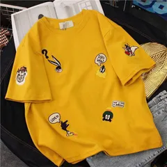 Tシャツ 刺繍 ゆったり 大きいサイズ 短袖 学生 カップル インナー トップス レディースFS578