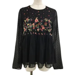 ザラ トラファルック ZARA Trafaluc collection ブラウス カットソー クルーネック 花柄 刺繍 マルチカラー ペプラム バックオープン リボン ギャザー 長袖 USA XS 黒 赤 ブラック レッド