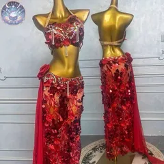 新品 未使用 ベリーダンス オリエンタル衣装 薔薇 レッド ブラ スカート オーダーメイド レッド