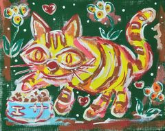 東雲 謳 キャンバスアート 現代アート ボタニカル アニマル カワイイ アクリルガッシュ 猫 絵画 原画 一点物 動物