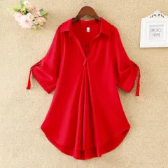 ☆ レッド ☆ XXLサイズ ☆ ブラウス レディース 春夏 ggblouse08 ブラウス レディース 半袖 シャツ チュニック スキッパーシャツ ロールアップ スキッパー 無地 ゆったり きれいめ 春 夏 上品 カジュアル オフィス 大人 トップス