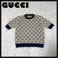 GUCCI ネイビー GGロゴ 半袖ニット　安室奈美恵着用 美品グッチ ネイビー ゴールドGGロゴ 半袖ニット XS イタリア製 安室