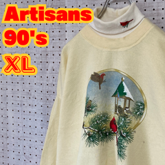 【ヴィンテージ】Artisans　アルチザン　90年代　スウェット　ハイネック　刺繍　フロントプリント　XL　ライトイエロー　US古着　MTSW2311-169