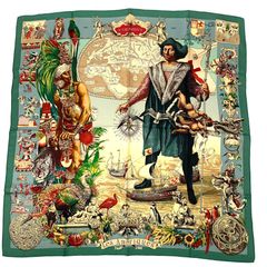 極美品 希少 HERMES エルメス カレ90 Les Ameriques アメリカ大陸 コロンブス スカーフ グリーン