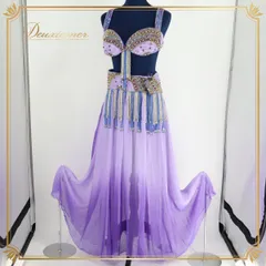 【ベリーダンス用 オリエンタル衣装】パープル ラインストーン ビーズ 紫 ゴールド グラデーション 透け感 爽やか レース トップス スカート ベルト セットアップ 上下セット 金色 豪華 ゴージャス エレガント ダンス ダンスウェア レディース 女性用 映え