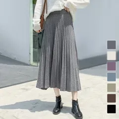 ニットプリーツスカート 秋 冬 韓国ファッション 10代 20代 30代 レディース Aライン 膝下丈 マキシ丈 黒 白 上品 大人 シンプル 綺麗め