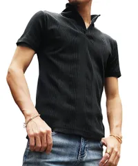 L_ブラックネイビー(半袖) ランダムテレコポロ メンズ 半袖 ポロシャツ 7分袖 ポロ タイトフィット 細め カットソー イタリアンカラー 細身 スリム ワイヤー襟 夏物 joker (ジョーカー) L ブラックネイビー(半袖)