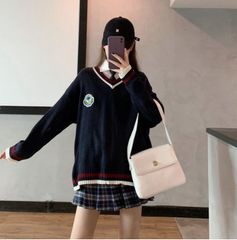 カーディガン スクール　韓国　制服 レディース ニット セーター ネイビー 　秋　冬　春
