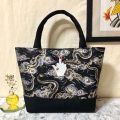中指ミニトートバッグ ブラック 和柄(龍) ハンドメイド メンズ レディース ハンドバッグ ストリート