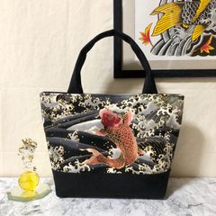 和柄ミニトートバッグ 鯉 ブラック ハンドメイド メンズ レディース ストリート ハンドバッグ