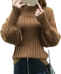 GIVEK ニット バルーン スリーブ 長袖 ハイネック 小顔効果 レディース セーター トップス Free Size( ブラウン,  Free Size)