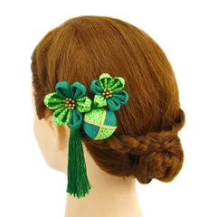 髪飾り 成人式 つまみ細工 振袖 前撮り 袴 浴衣 夏祭り 花火大会 3点セット 緑 玉飾り ちりめん 房付き 鹿の子 ヘアアクセ か No.9-3292
