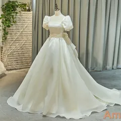 ウエディングドレス ブライダルドレス パフスリーブバックリボン 結婚式 前撮り 花嫁 プリンセスドレス プリンセスライン 半袖 ゴージャス 0563 min#