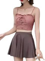 CHOOSEWAY 水着 レディース ビキニ タンキニ セパレーツ 体型カバー ビスチェ風 ハイネック スカート ショートパンツ インナーショーツ付き 赤茶( レッドブラウン,  XL)