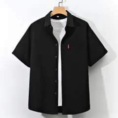 ☆ 半袖×ブラック ☆ 2XLサイズ ☆ シャツ 長袖 半袖 メンズ シャツ メンズ 半袖 長袖 ワイシャツ カジュアルシャツ 長袖シャツ 半袖シャツ 重ね着 ボタン 胸ポケット ポケット シンプル カジュアル ベーシック 無地 軽量 軽い 通気性