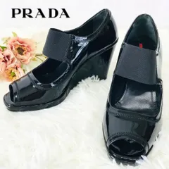PRADA　プラダ　パンプス　オープントゥ　ウエッジソール　エナメル　パテントレザー　サイズ表記36.5（23.5cm相当）　黒　ブラック