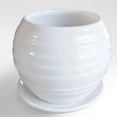 ボール型陶器鉢(大) ホワイト 受け皿付き 観葉植物 植木鉢 白