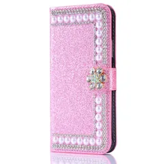 【人気商品】手帳型 おしゃれ ケース パール お花 8 ストーン デザイン / かわいい きらきら 華やか / チャーム デコ 7 女子 女性向け iphone きれい 優雅 iphone カバー 横開き se2 マグネット カード収納 スマホケース 第2世代