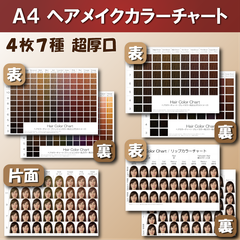 ヘアメイクカラーチャート4枚7種セット A4超厚口 おしゃれ染め 白髪染め 口紅 アイシャドウ ファッションカラー グレイカラー リップカラー アイカラー 平均顔 美容室