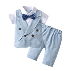 子供服 キッズ フォーマル スーツ 男の子 ベビー服 半袖シャツ（フェイクベスト）+ 半ズボン 2点セット 夏 ブリティッシュスタイル タキシード風 卒園式 入園式 七五三 お宮参り 結婚式 入学式 90 100 110cm