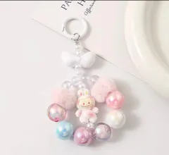 ラブブ　キーホルダー　ビーズストラップ　ふわふわチャーム