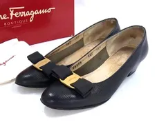 Salvatore Ferragamo フェラガモ ヴァラリボン リザード型押しレザー ヒール パンプス サイズ 5 1/2 (約23.0cm) 靴 ブラック系 DJ4943