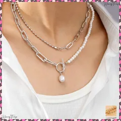 フェイクパールネックレス チョーカー韓流 太めチェーンネックレス プチプラ ストリートアクセサリー 首飾り ゴールド パーティー ロングお洒落 重ね付け 2WAY 異素材ミックス 女子会 プレゼント ネックレスシルバー