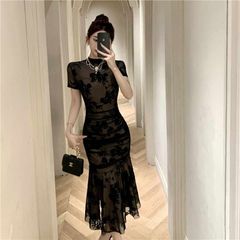 黒フロッキー装飾高級素材半袖セクシー マーメイドタイプロングドレス
