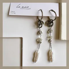 モード ロングピアス【304ステンレスフープ】ハンドメイドピアス フープ ニュアンスパール クリア天然石 ロング ゴールド シルバー ブライダル アレルギー対応 【イヤリング変更可能】