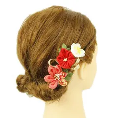 髪飾り 成人式 つまみ細工 赤 振袖 前撮り 袴 浴衣 夏祭り 花火大会 豪華2点セット ピンク サーモンピンク 白 ゴールド ちりめ No.9-3604