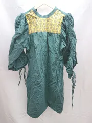 ◇ JUNOAH ジュノア エスニック風 袖ギャザー おしゃれ 七分袖 ミニ ワンピース サイズM グリーン レディース E  【1303290001825】