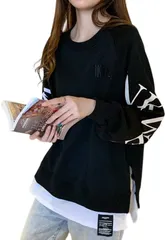【在庫セール】[エアバイ] レイヤード 重ね着風 ゆる ロンT スウェット ゆったり 袖ロゴ オーバーサイズ トップス レディース