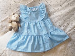 フリルティアードワンピース　水玉　水色