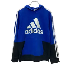adidas プリントスウェット パーカー L キッズ ブルー ホワイト アディダス プルオーバー ビッグプリント 古着卸 アメリカ仕入 a709-6235
