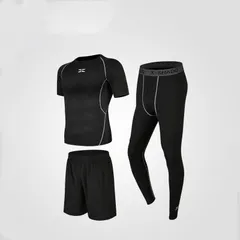 コンプレッションウェア トレーニングウェア メンズスポーツウェア男性用トレーニングウエア 上下3点セット 半袖シャツ ハーフパンツ ロングタイツ 吸汗速乾 通気防臭 S～3XLサイズ展開