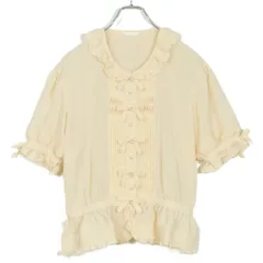 【美品！】KANEKO ISAO★フェミニン半袖ブラウス パールボタン ピコレース 段々重ねフリル風 クリーム系 z15113