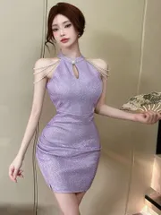 パールチェーン付きラメミニドレス♪キャバドレスとしても♪