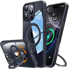 [360°ゼンマイ式スタンド！伝統を破る！]Rosycover iPhone 16 Pro Max 用 ケース クリア Magsafe 対応 [定点回転スタンド・超絶安定性][極透明・美しさを還元]マグセーフ ワイヤレス充電対応 アイホン16プロマックス 