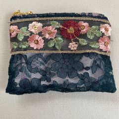 ☆ハンドメイド☆インド刺繍＆レース☆ミニポーチ☆濃紺☆