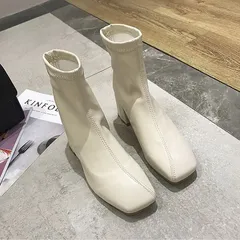 【訳あり】ソックスブーツ レザー レディース ショートブーツ アシンメトリー スクエアトゥ チャンキーヒール 春 秋 韓国